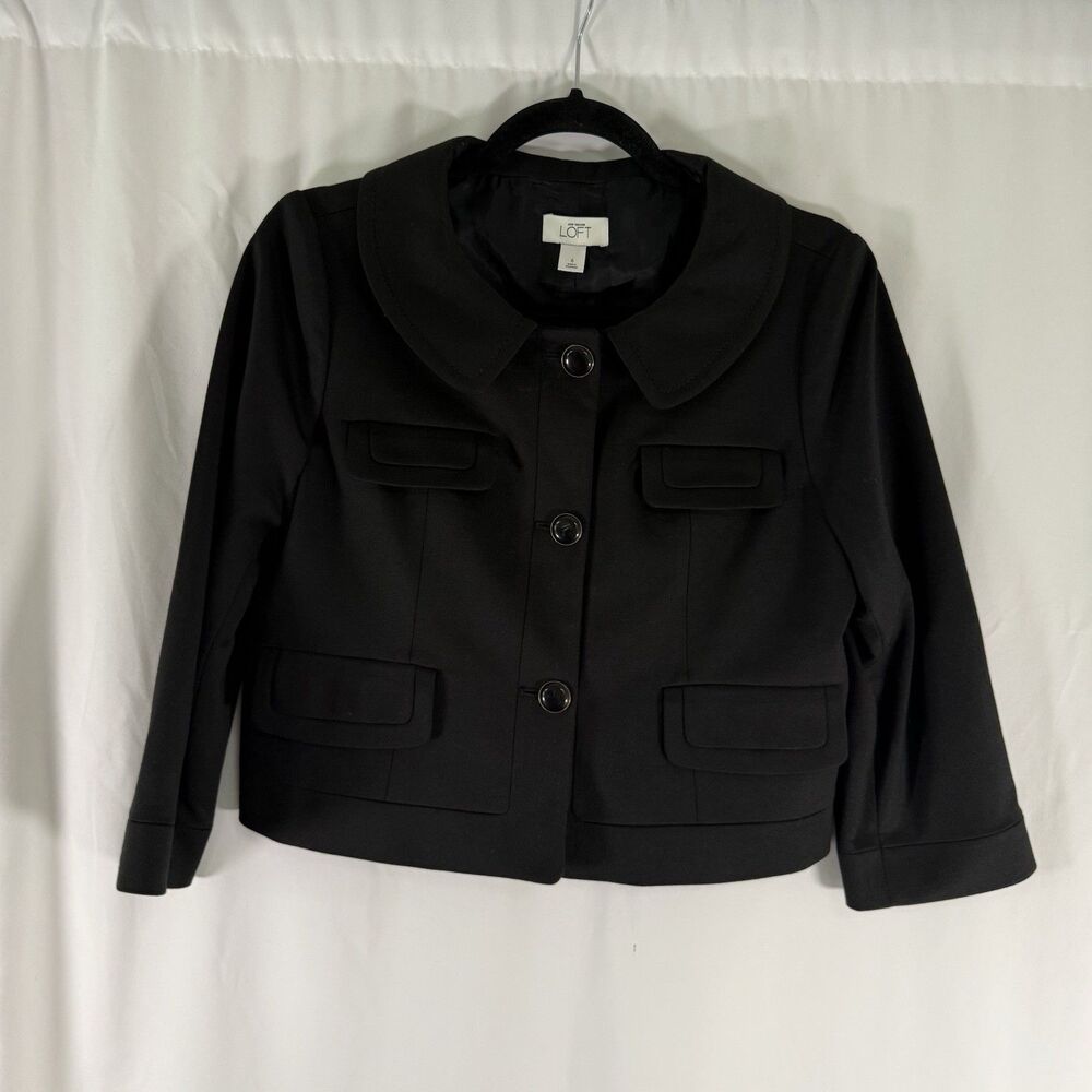 LOFT Jacket Women's 6 Black Button Front Faux Pockets Round Neck